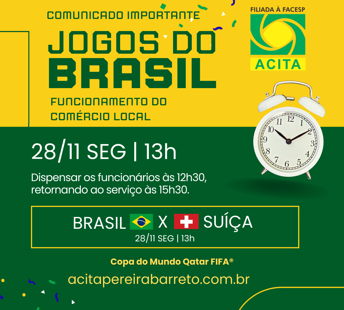 Leia mais sobre o artigo 28/11 segunda-feira – Jogo Brasil X Suíça – Horário de funcionamento do comércio local de Pereira Barreto  – COMUNICADO IMPORTANTE