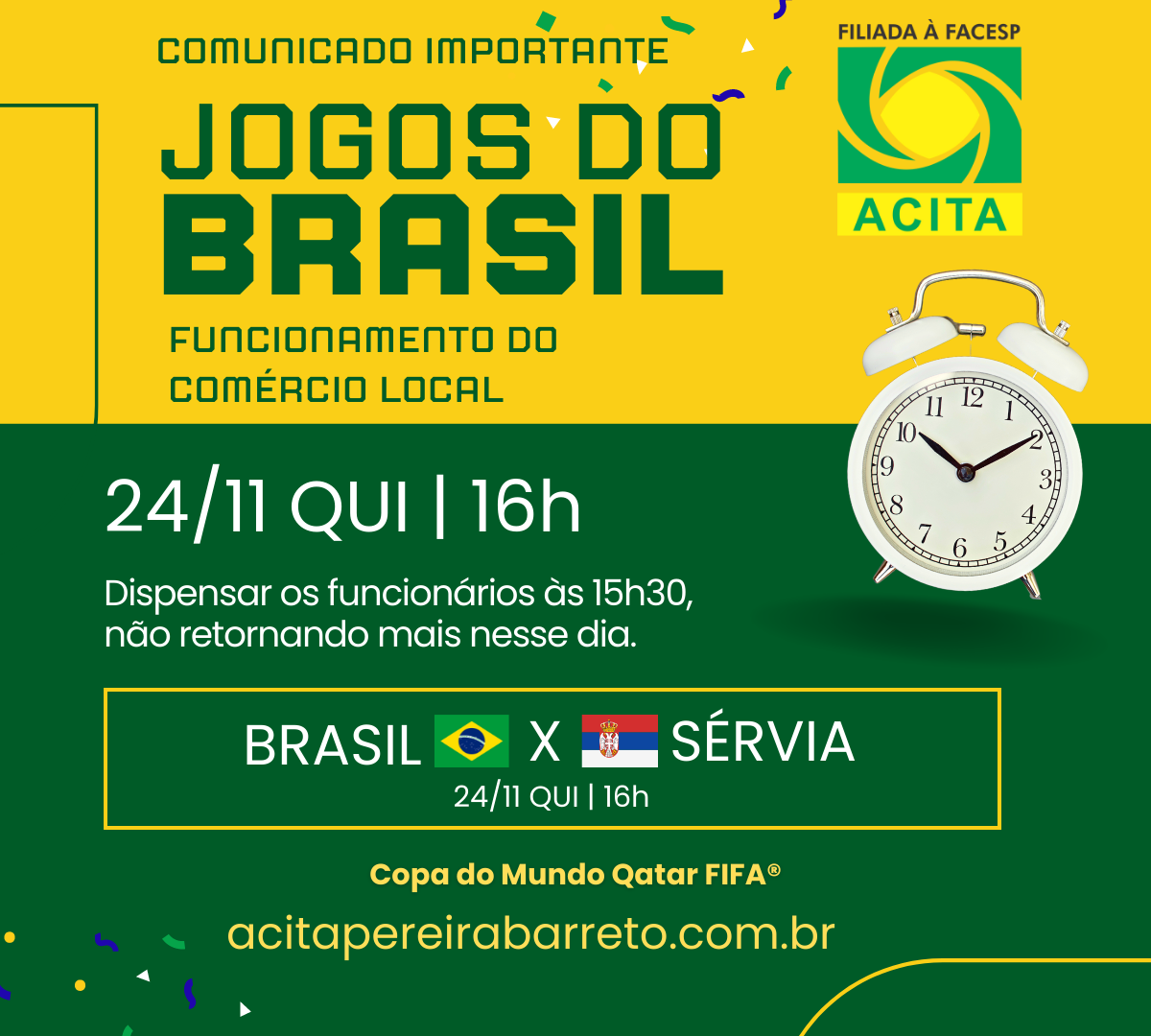 Leia mais sobre o artigo 24/11 quinta-feira – Jogo Brasil X Sérvia – Horário de funcionamento do comércio local de Pereira Barreto  – COMUNICADO IMPORTANTE